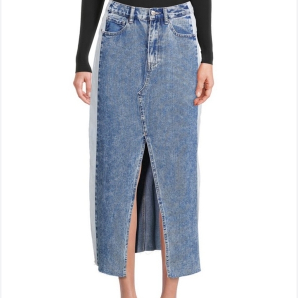 Free People Driftwood Sara Denim Two Toned Midi Skirt - Picture 2 of 9